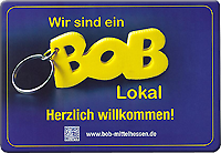 BOB-Aufkleber für teilnehmende Gaststätten mit der Aufschrift: Wir sind ein BOB-Lokal, Herzlich Willkommen!