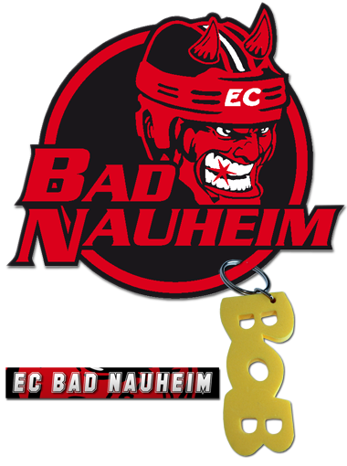 Das Erkennungszeichen der "Roten Teufel" vom EC Bad Nauheim mit dem knallgelben BOB-Schlüsselanhänger, dem Erkennungszeichen der Aktion BOB
